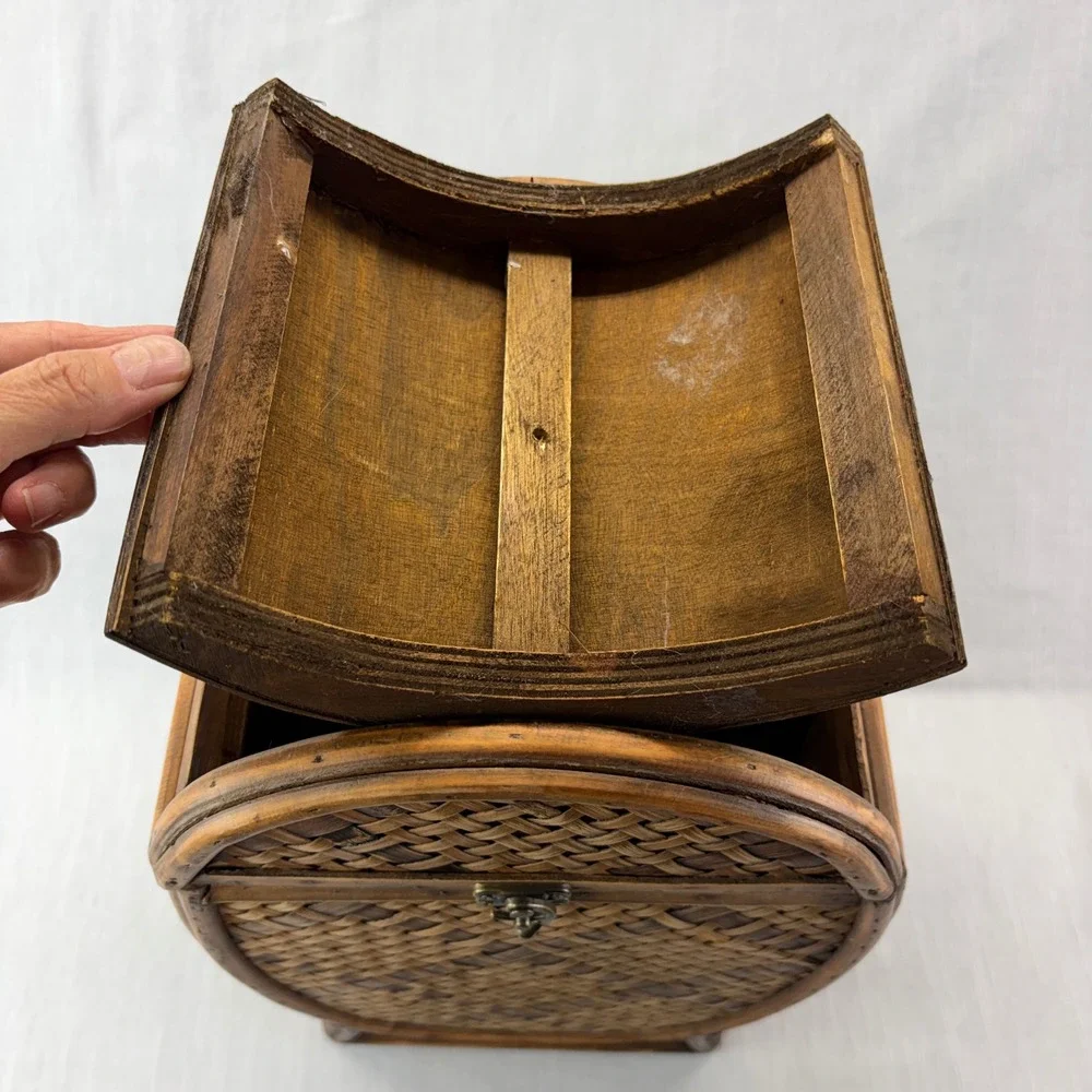Vintage Wicker and Wood Storage Box Brown Boho Woven Latch Lid Decorative Brass